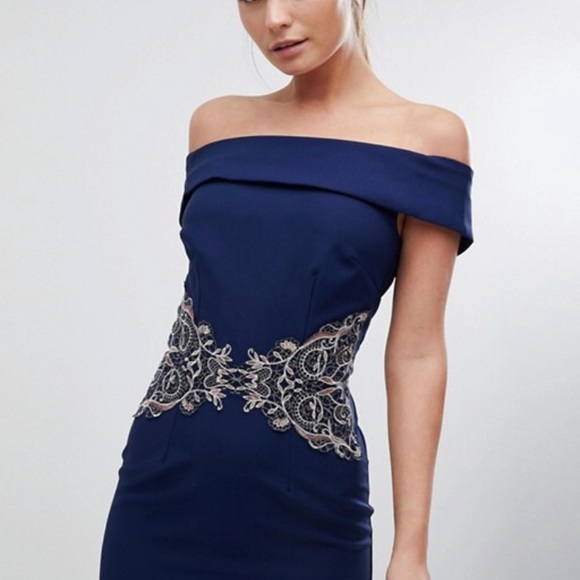 ASOS OFF THE SHOULDER MIDI DRESS EMBROIDERED WAIST - Picture 3 of 8